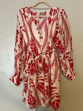 Red & White Tropical Leaf Print Dress XL Tie Waist Flowy Boho Vacation